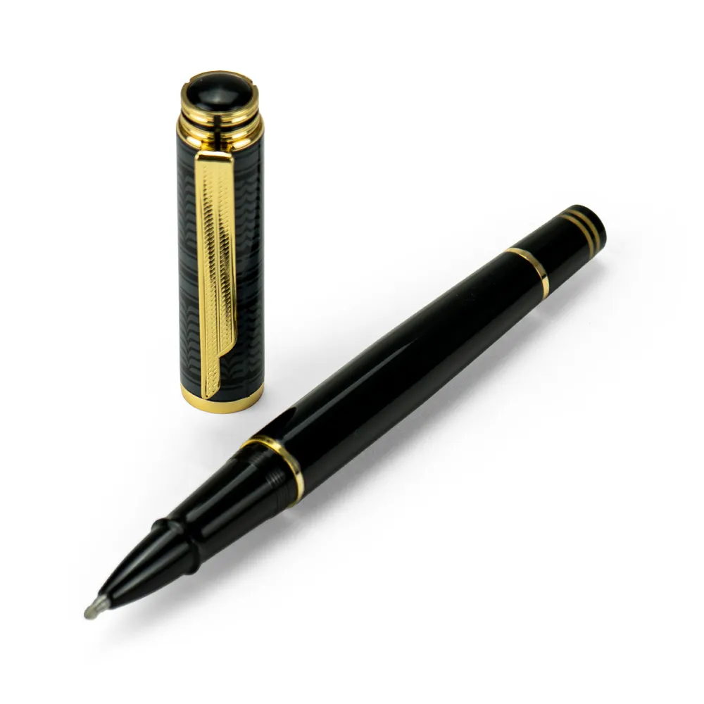 Arabic Traditional Bisht Design Metal Pens, Glossy Black with Gold Outline - alternate view